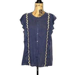 Andree Navy Floral Ruffle Sleeveless Button Blouse